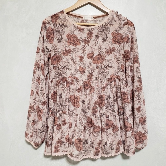 Altar'd State Tops - Altar’d State blouse light pink floral baby doll tiered peplum long slee…